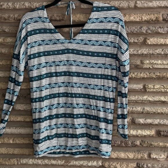 Lucky Brand Boho Striped V Neck Tie Back Long Sleeve Tee Size Small - Picture 7 of 7